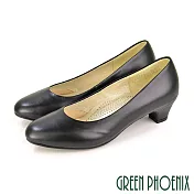 【GREEN PHOENIX】女 中跟鞋 粗跟鞋 全真皮 OL通勤 上班 面試 台灣製 JP21.5 黑色