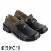 【GREEN PHOENIX】女 學生鞋 直套式 方頭 全真皮 低跟 台灣製 JP23 黑色