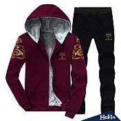 <現貨+預購>厚刷毛圖騰拉鏈兩件式套裝 四色-HeHa-XL(紅色）