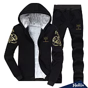 <現貨+預購>厚刷毛圖騰拉鏈兩件式套裝 四色-HeHa-L（黑色）