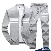 <現貨+預購>立領條紋磨毛拉鏈兩件式套裝 四色-HeHa-L（淺灰色）