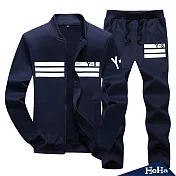 <現貨+預購>立領條紋磨毛拉鏈兩件式套裝 四色-HeHa-XL（深藍色）