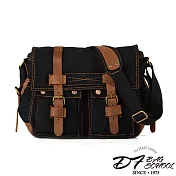 DF BAGSCHOOL - 牛皮復古雙皮飾百搭款帆布側背包-共2色黑色