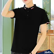 <現貨+預購>簡約條紋拼色短袖POLO衫 四色-HeHa-XL（黑色）