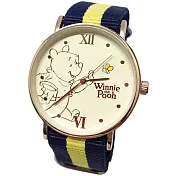 【Disney迪士尼】小熊維尼Winnie 玫瑰金織帶手錶-藍黃色