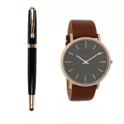 ARTEX 雅致觸控鋼珠筆-玫瑰金/黑管+Style真皮手錶 褐/玫瑰金