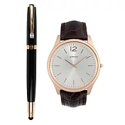 ARTEX 雅致觸控鋼珠筆玫瑰金黑+5605真皮手錶-褐/玫瑰金43mm