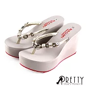 【Pretty】花朵精緻水鑽夾腳楔型拖鞋JP22.5金色