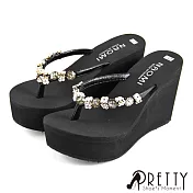 【Pretty】花朵精緻水鑽夾腳楔型拖鞋JP23黑色