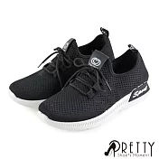 【Pretty】透氣網布綁帶套入式平底休閒鞋EU37黑色