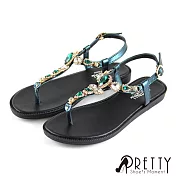 【Pretty】精緻鑽飾金屬皮帶釦平底夾腳涼鞋JP23綠色