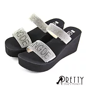 【Pretty】輕量寬線條字母精緻水鑽楔型拖鞋JP22.5銀色
