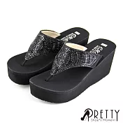 【Pretty】輕量圖騰精緻水鑽楔型夾腳拖鞋JP22.5黑色