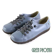 ◤Green Phoenix◥方頭撞色旗幟鬆緊帶全真皮平底休閒鞋EU35藍色
