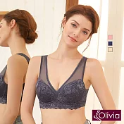 【Olivia】無鋼圈歐式古典蕾絲深V包覆內衣34/75A灰藍
