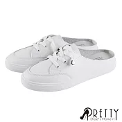 【Pretty】簡約風縫線綁帶平底穆勒拖鞋/小白鞋/後空鞋EU36白色