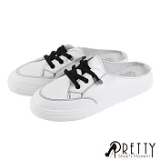 【Pretty】簡約風縫線綁帶平底穆勒拖鞋/小白鞋/後空鞋EU37黑色