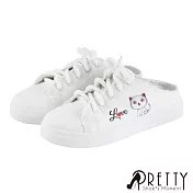 【Pretty】可愛圖案縫線綁帶厚底穆勒拖鞋/小白鞋/後空鞋EU36白色1