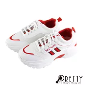 【Pretty】雙彩異材質拚接英文字母綁帶厚底休閒老爹鞋EU36紅色1