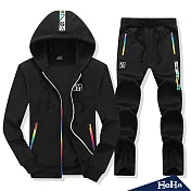 <現貨+預購>韓風彩虹裝飾運動休閒連帽套裝 三色-HeHaM黑色