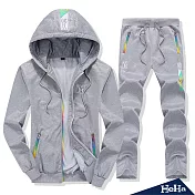 <現貨+預購>韓風彩虹裝飾運動休閒連帽套裝 三色-HeHaM灰色