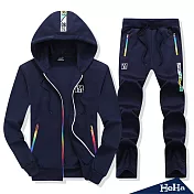 <現貨+預購>韓風彩虹裝飾運動休閒連帽套裝 三色-HeHaM藍色