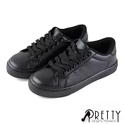 【Pretty】百搭經典款綁帶平底休閒鞋/小白鞋JP23.5全黑色