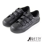 【Pretty】經典款撞色線條沾黏式平底休閒鞋/小白鞋JP23.5全黑色