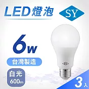3入【SY 聲億】6W LED高效能廣角燈泡-白光