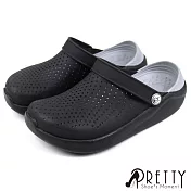 【Pretty】男女 女大尺碼 洞洞鞋 雨鞋 拖鞋 涼鞋 兩穿式 防水 雙彩 輕量 平底 US4 黑灰色