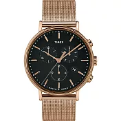 【TIMEX】 天美時 Fairfield Chrono系列 時尚優雅米蘭帶三眼計時手錶 (黑面 / 玫瑰金 TXTW2T37100)