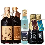 豆油伯 年度熱銷三冠優惠組(缸底醬油500ml+金豆醬油500ml+初榨橄欖油250ml+金美滿醬油180ml+金美好醬油180ml)