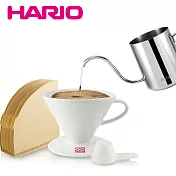 【日本 HARIO】2人份有田燒陶瓷濾杯及無漂白01濾紙100張+【日本 HiTORi】不鏽鋼細口壺