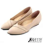 【Pretty】女 楔型鞋 反摺 金邊 尖頭 台灣製 JP23 米色