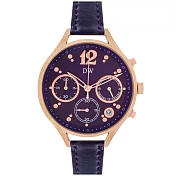 日本DW D3227 時尚古典典雅女爵真三眼皮帶手錶 - 紫色