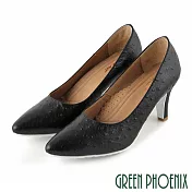 【GREEN PHOENIX】女 高跟鞋 皮革壓花 全真皮 尖頭 台灣製 EU37.5 黑色