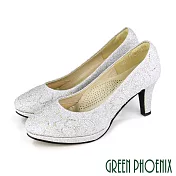 【GREEN PHOENIX】女 高跟鞋 婚鞋 宴會鞋 金蔥 水鑽 全真皮 防水台 台灣製 JP23 銀色