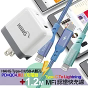 TENGWEI Type-C To Lightning PD MFi 認證快充線+HANG Type-C USB-A雙孔 PD+QC 4.0 3.0充電器-白配綠藍藍