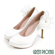 【GREEN PHOENIX】女 高跟鞋 婚鞋 宴會鞋 蕾絲 花 可拆式 全真皮 防水台 台灣製 JP21.5 白色