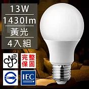 歐洲百年品牌臺灣CNS認證LED廣角燈泡E27/13W/1430流明/黃光 4入