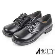 【Pretty】女 學生鞋 皮鞋 基本款 綁帶 圓頭 低跟 台灣製 JP23 黑色