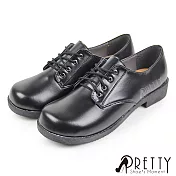 【Pretty】女 學生鞋 皮鞋 基本款 綁帶 圓頭 低跟 臺灣製 JP23 黑色