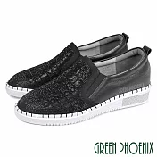 【GREEN PHOENIX】女 休閒鞋 水鑽 字母 套入式 平底 EU36 黑色