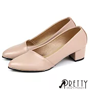 【Pretty】女 中跟鞋 粗跟 尖頭 素面 金邊 OL通勤 上班 台灣製 JP23 杏色