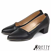 【Pretty】女 中跟鞋 粗跟 尖頭 素面 金邊 OL通勤 上班 台灣製 JP23 黑色