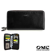 【OMC】25卡2照植鞣革雙拉鍊牛皮長夾- 黑色