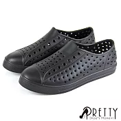 【Pretty】男女 洞洞鞋 雨鞋 休閒鞋 一體成形 透氣 孔洞 防水 平底 台灣製 EU36 黑色