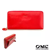 【OMC】12卡1照植鞣革單拉鍊收納牛皮長夾- 紅色