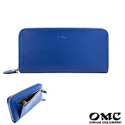 【OMC】12卡1照植鞣革單拉鍊收納牛皮長夾- 寶藍