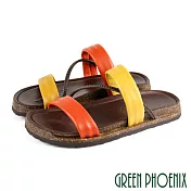 【GREEN PHOENIX】女 拖鞋 手工 撞色 一字帶 全真皮 平底 台灣製 EU37 橙色